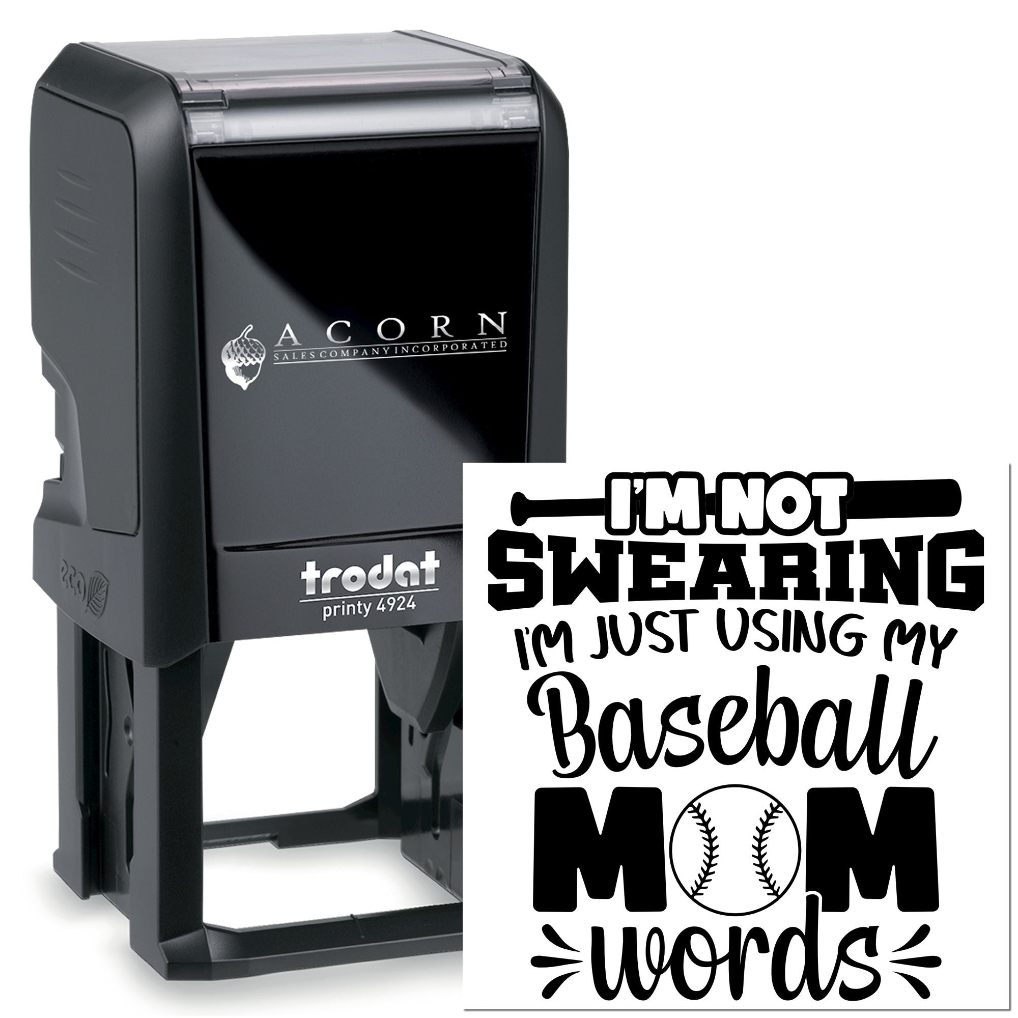 Custom self-inking rubber stamp with bold Baseball Mom quote, ideal for personalized gifts, crafts, and team-themed stamping.
