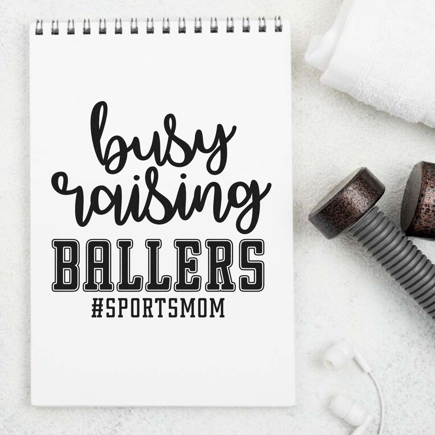 Busy Raising Ballers sports mom rubber stamp design for custom crafts, notebooks, and team mom gift personalization.