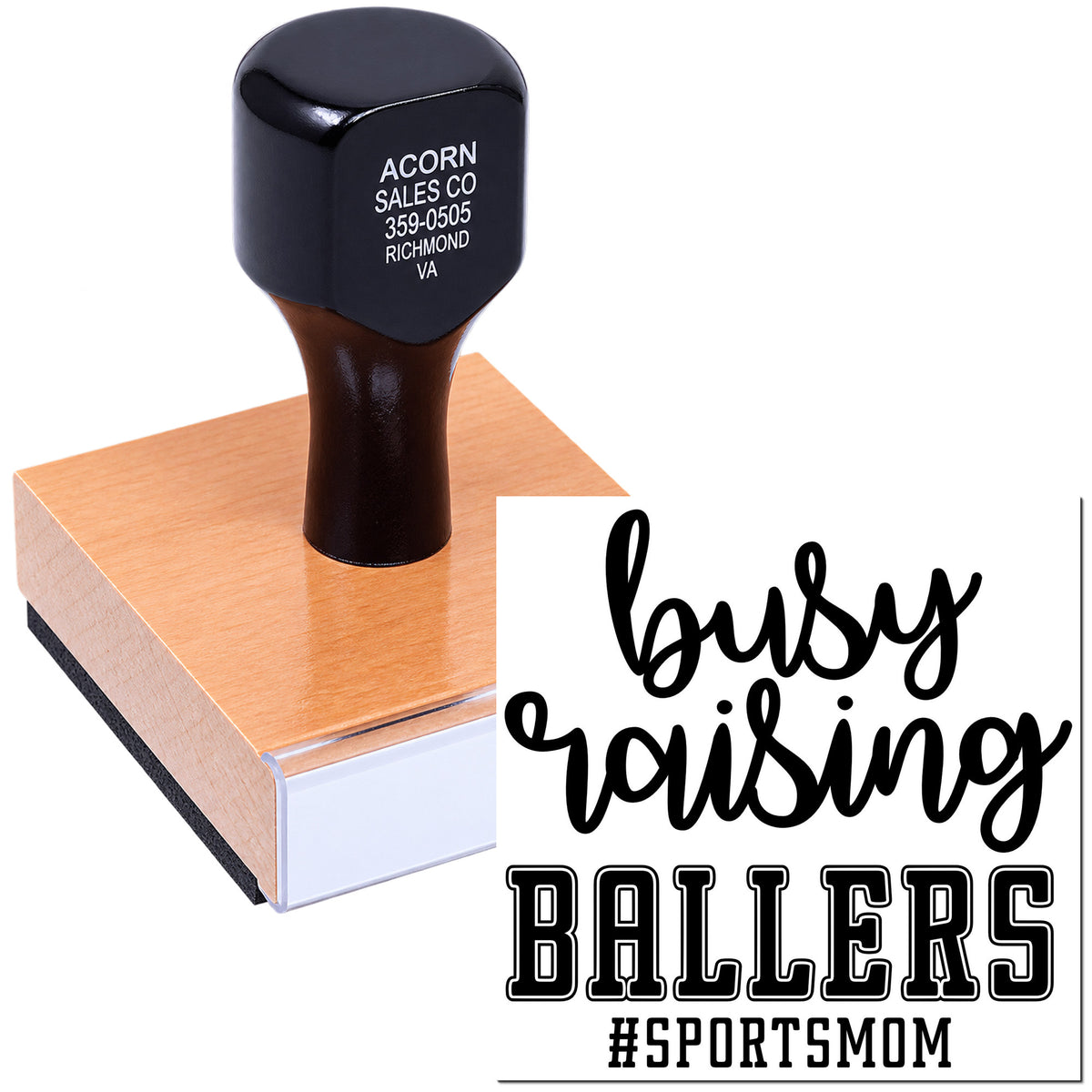 Custom rubber stamp featuring busy raising ballers and #sportsmom for personalized sports mom crafts.