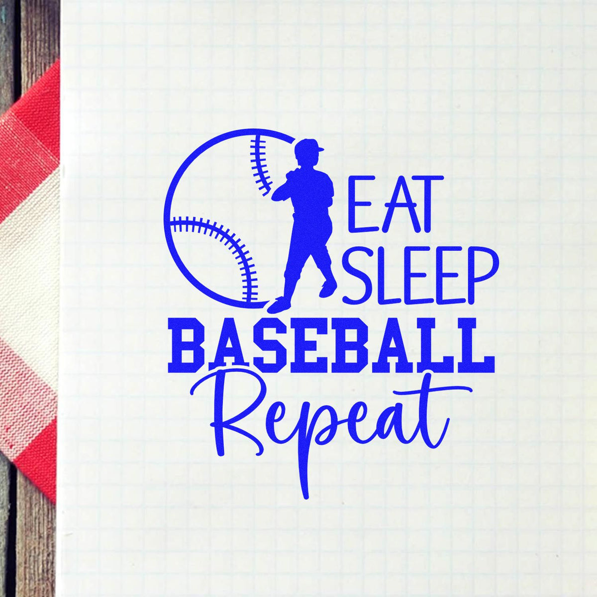 Baseball Eat Sleep Repeat custom rubber stamp design with player silhouette and baseball graphic.