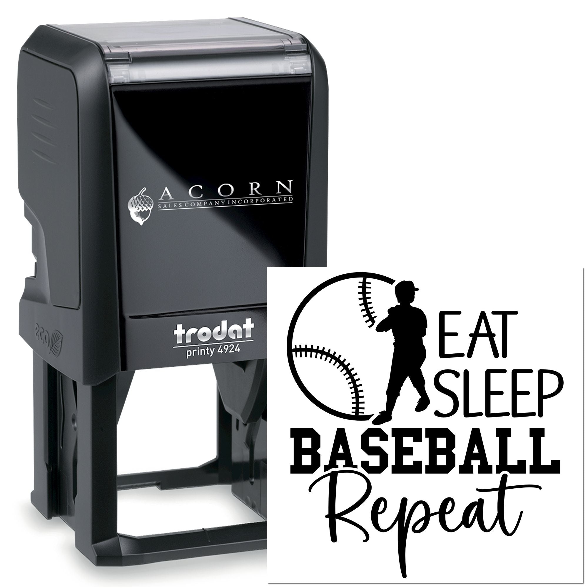 Custom self-inking rubber stamp with baseball design and Eat Sleep Baseball Repeat text for sports teams and fans.