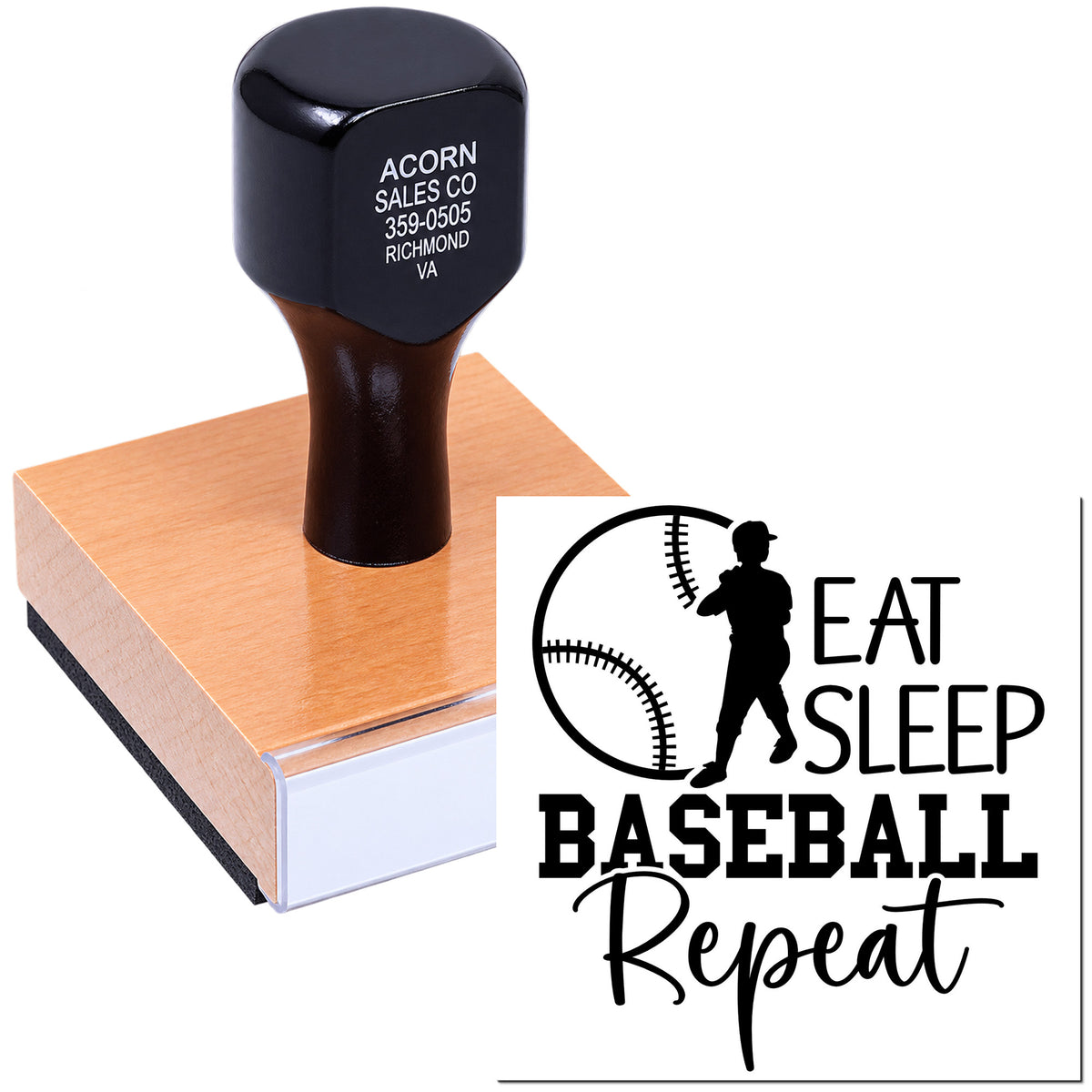 Custom baseball rubber stamp with Eat Sleep Baseball Repeat design for sports teams, fans, and personalized crafts.