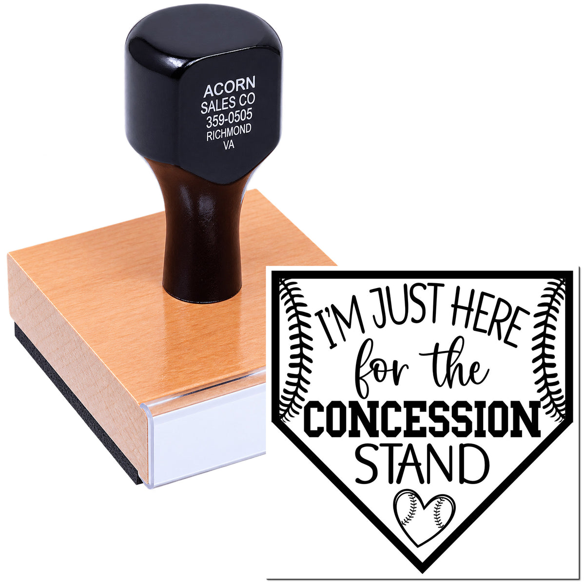 Custom baseball rubber stamp with Im just here for the concession stand design for sports team crafts and game day gifts.