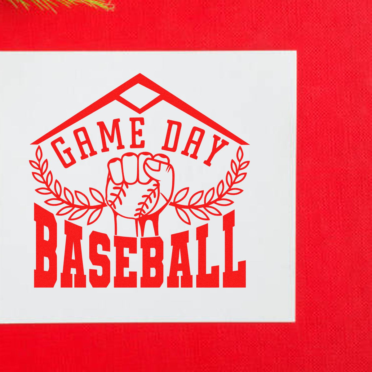 Game Day Baseball rubber stamp design with fist and laurel for sports events, team spirit, and baseball fans.