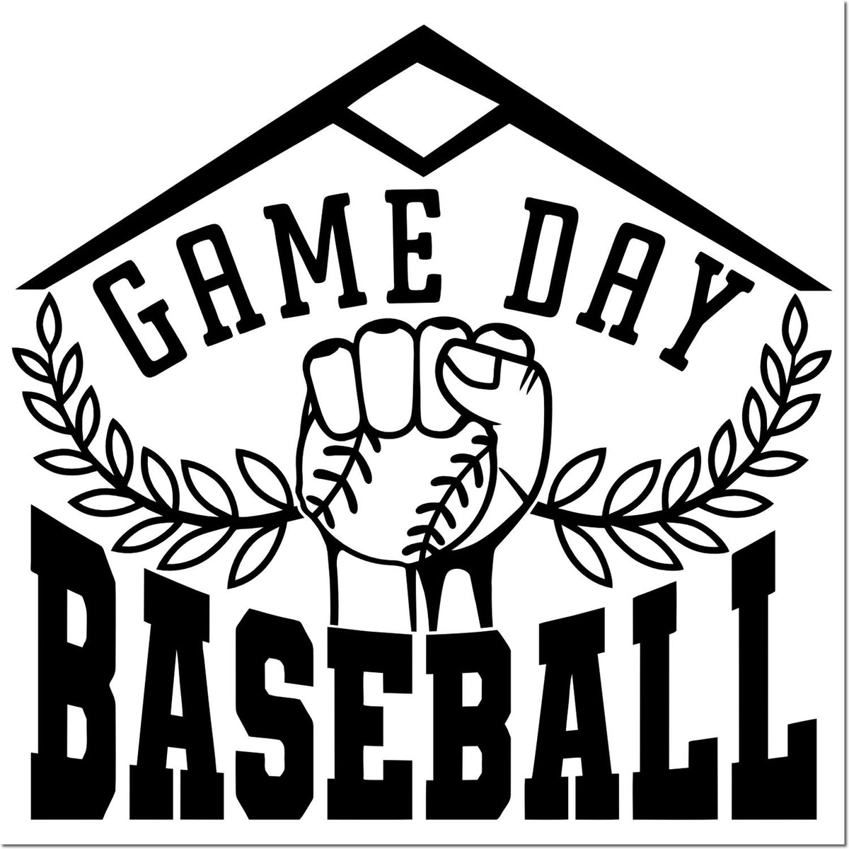Game Day Baseball rubber stamp design with fist, laurel wreath, and bold sports lettering for team spirit and fan gear.