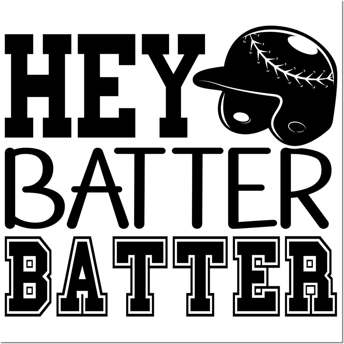 Baseball rubber stamp design with Hey Batter text and batting helmet graphic for sports crafts and team gear.