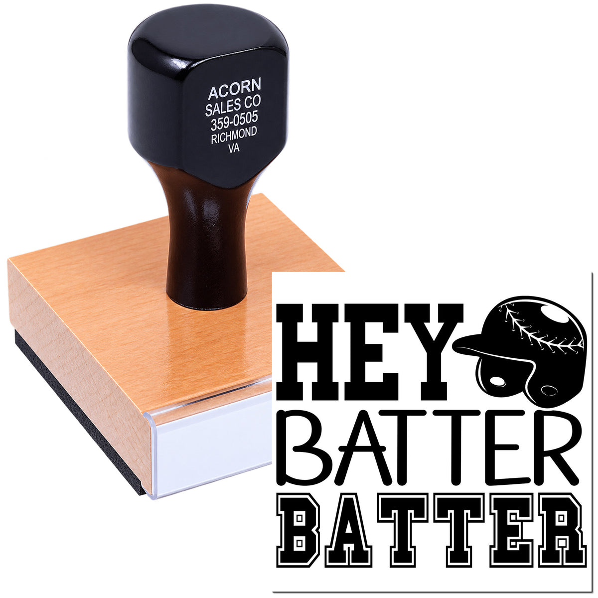 Custom rubber stamp with Hey Batter Batter baseball design for sports-themed paper, packaging, and fan crafts.