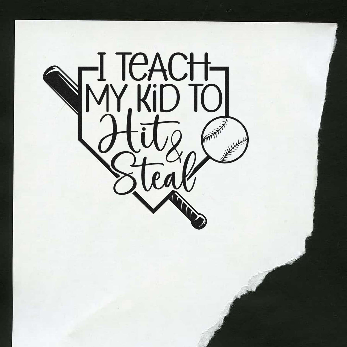 Baseball rubber stamp design with I Teach My Kid to Hit & Steal text, bat and baseball graphic for sports crafts.