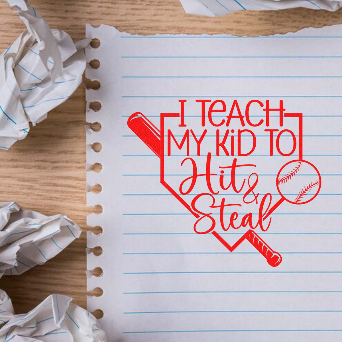 Baseball-themed rubber stamp design with I Teach My Kid to Hit & Steal for coach, teacher, or youth baseball gifts.