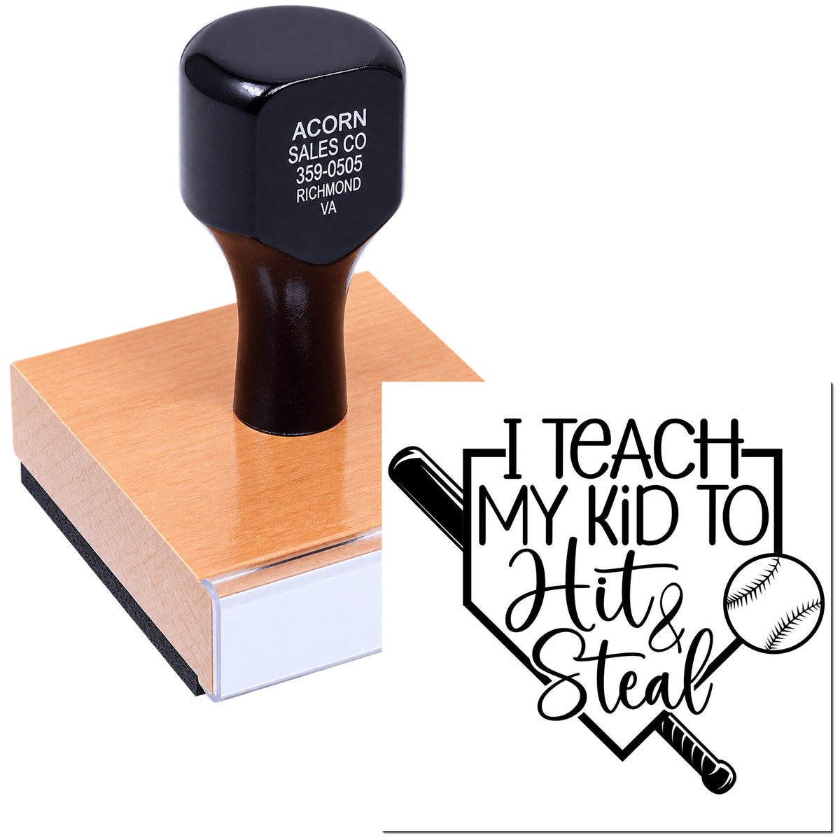 Custom rubber stamp with baseball design reading I Teach My Kid To Hit & Steal for sports-themed crafts and stationery.