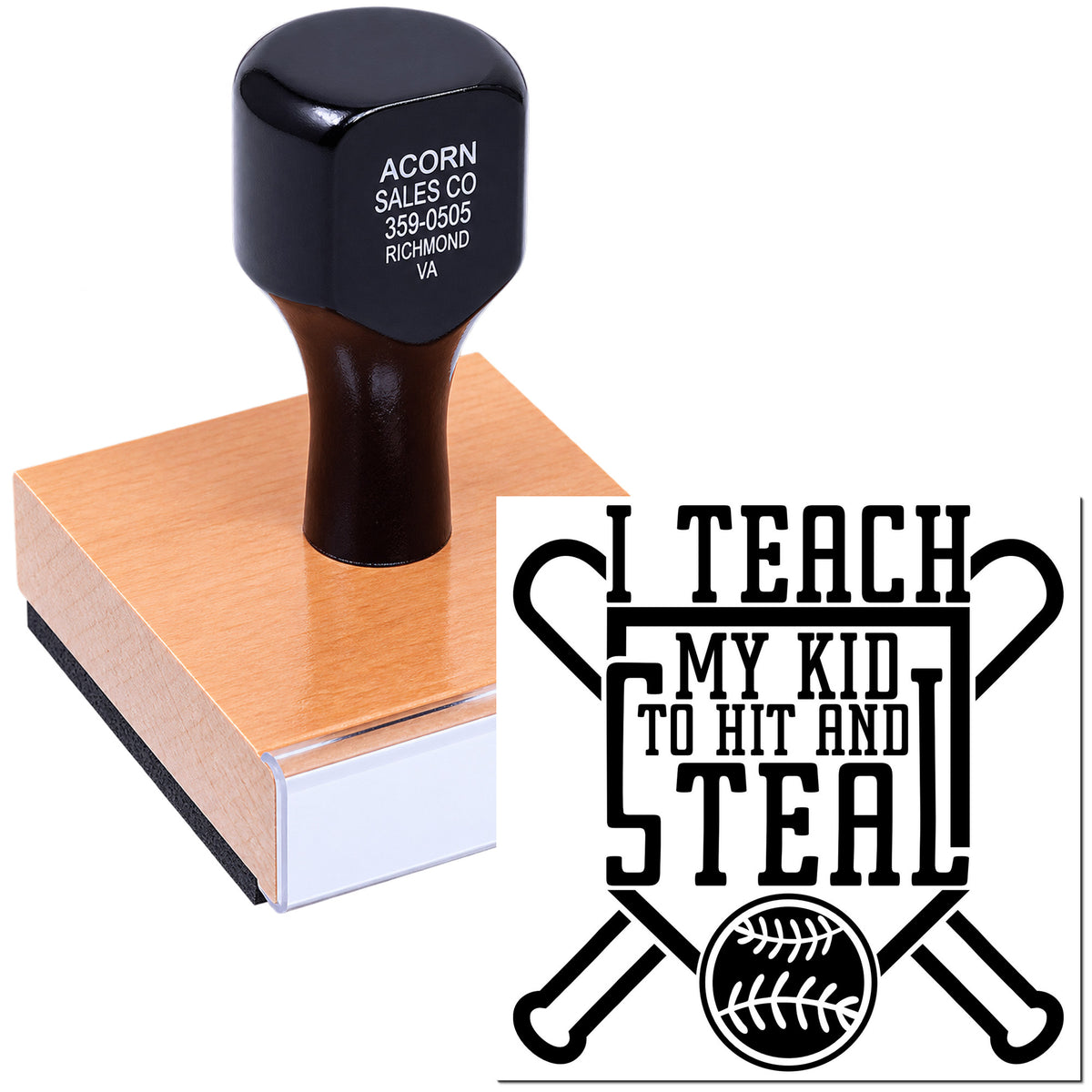 Custom baseball rubber stamp with I Teach My Kid to Hit and Steal design for sports-themed crafting.