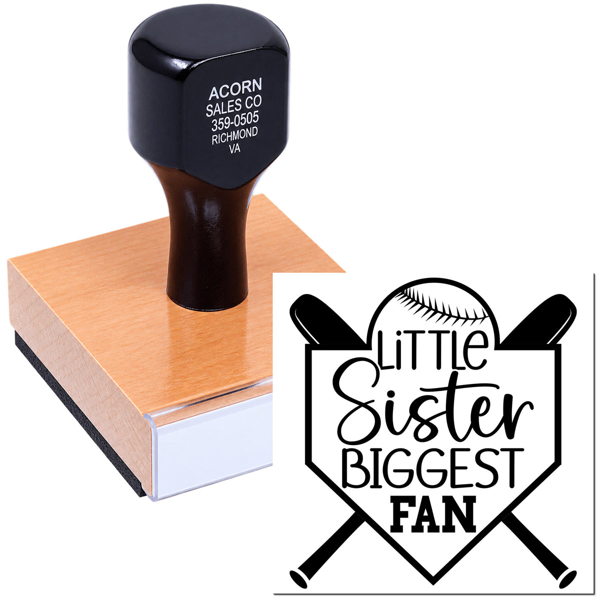 Custom baseball rubber stamp with Little Sister Biggest Fan design, shown on stamp block for personalized sports fan gifts.