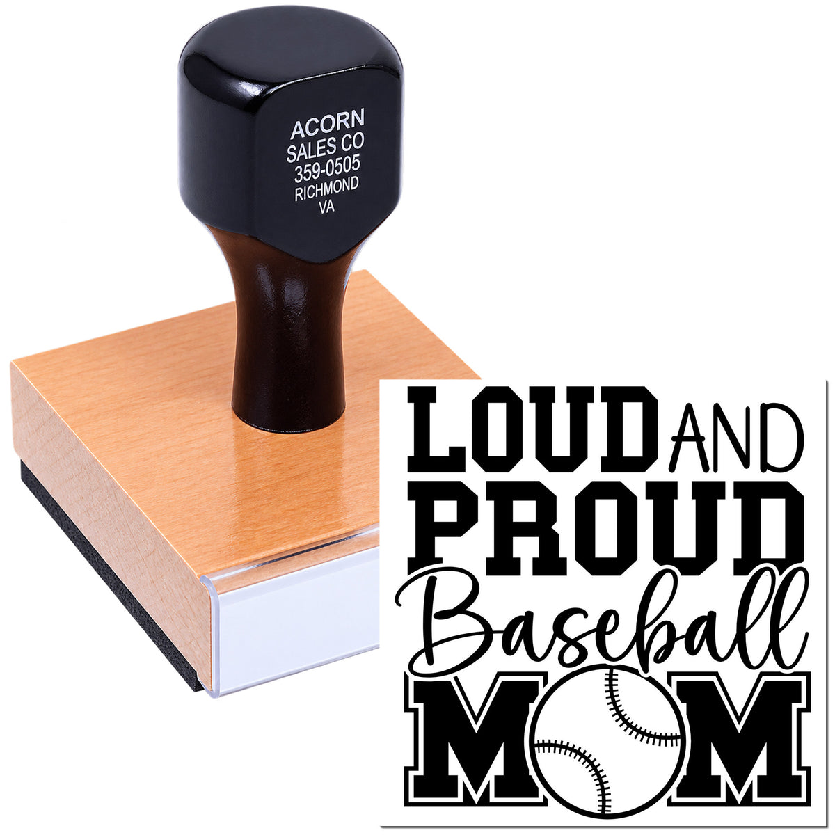 Custom rubber stamp with Loud and Proud Baseball Mom design for personalized team spirit crafts and stationery.
