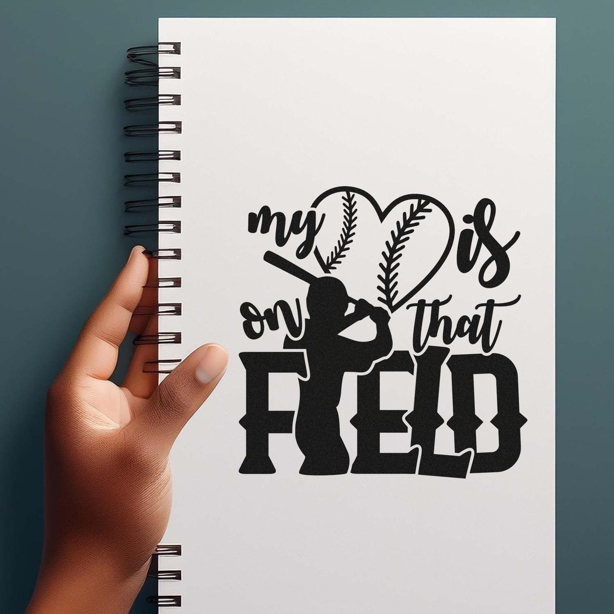 My Heart Is On That Field Pre-Inked Stamp – PSI imprint stamped in black ink. A baseball heart and player silhouettes accompany "My heart is on that field."