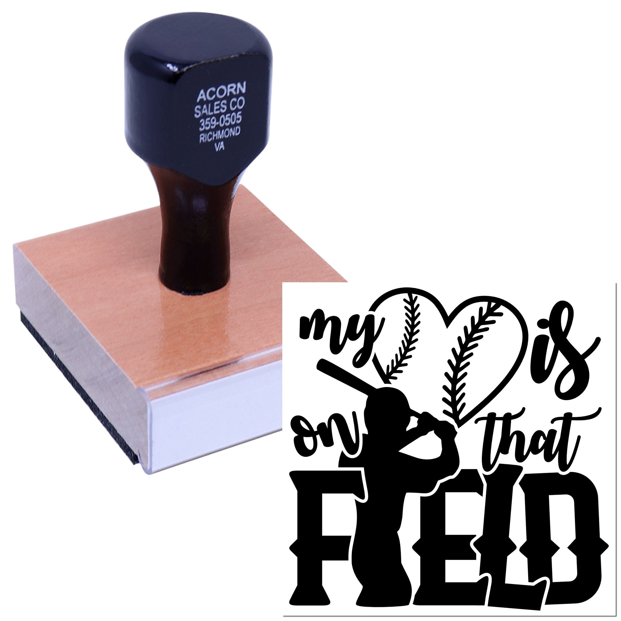 Personalized baseball rubber stamp with my heart is on that field design for sports crafts, team gifts, and card making.