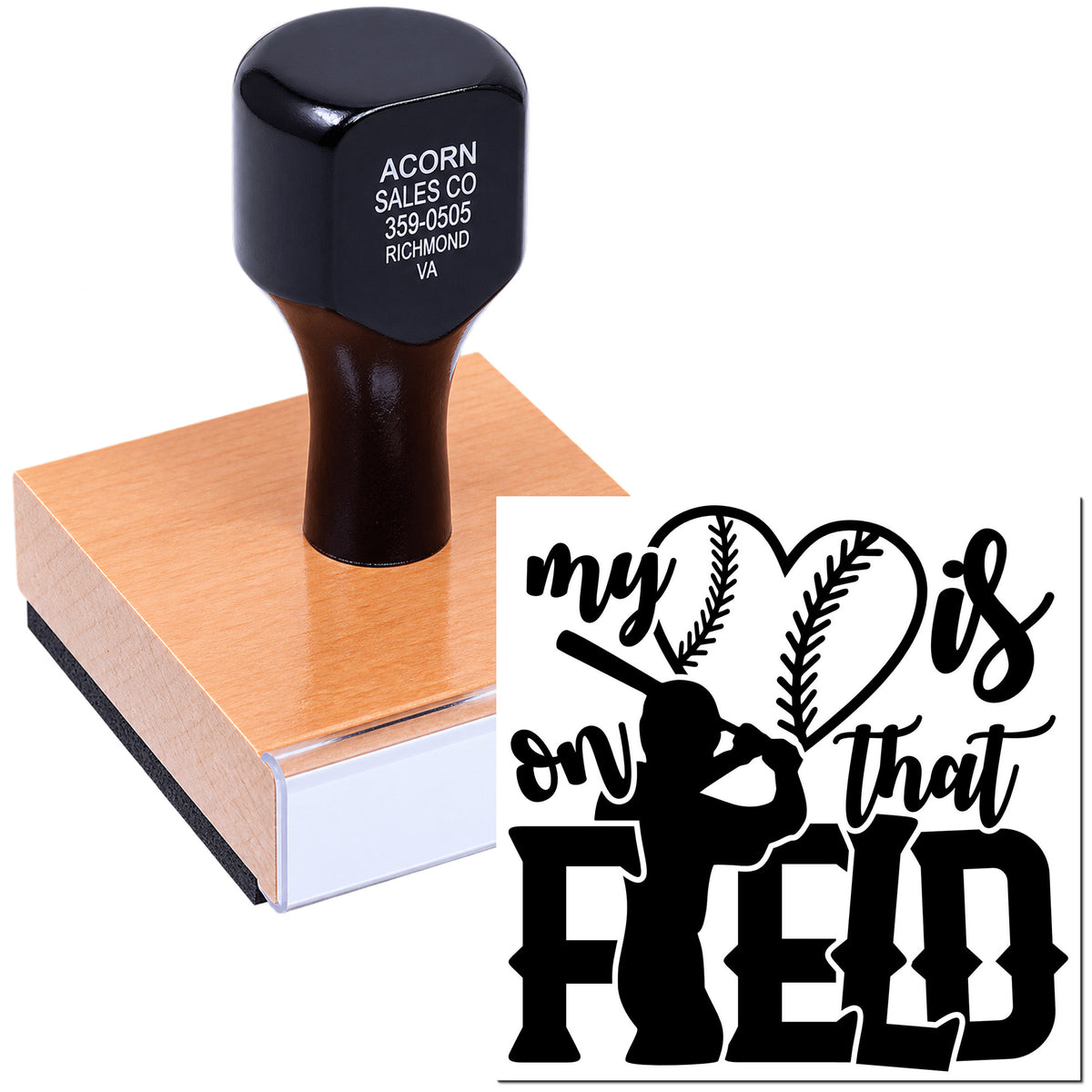 Personalized baseball rubber stamp with my heart is on that field design for sports crafts, team gifts, and card making.