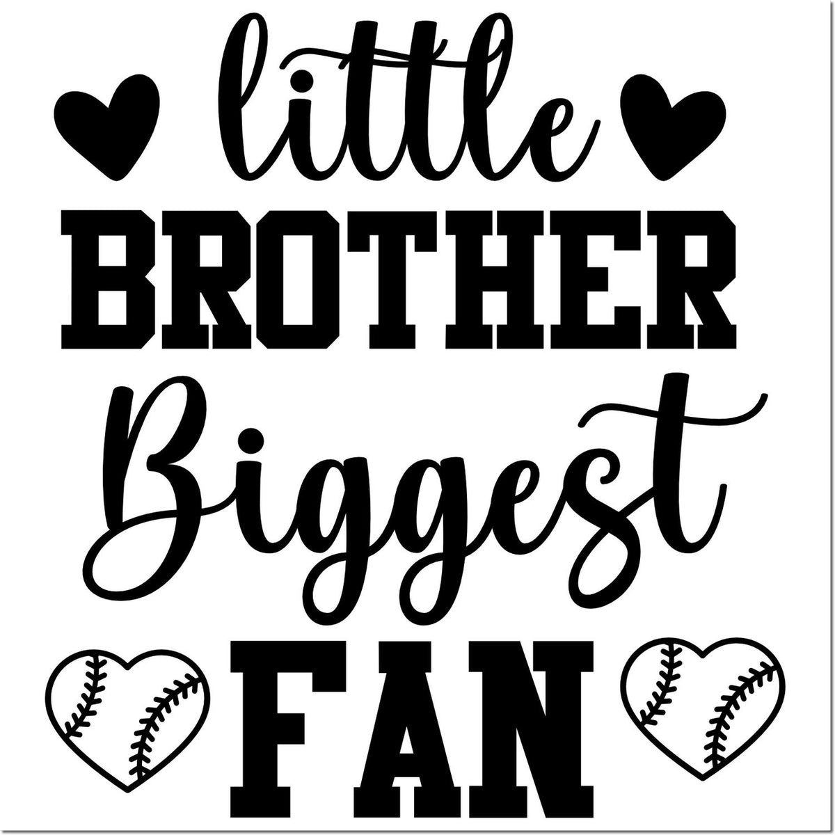 Little Brother Biggest Fan rubber stamp design with hearts and baseball stitching, perfect for sports-themed crafting.