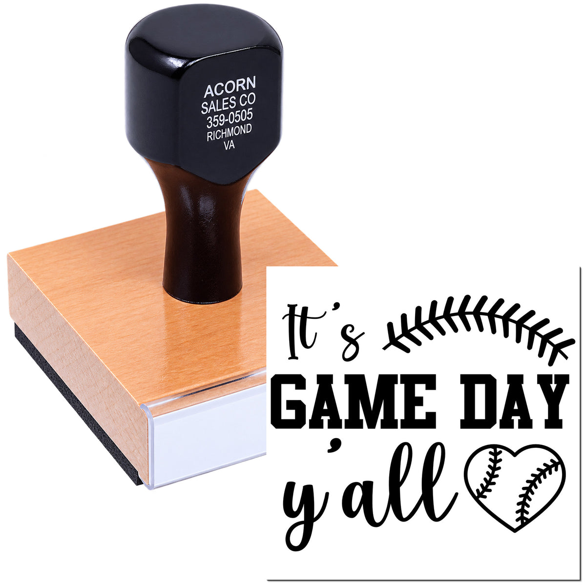 Custom rubber stamp with Its Game Day Yall and baseball heart design for sports-themed crafts, invites, and fan decor.
