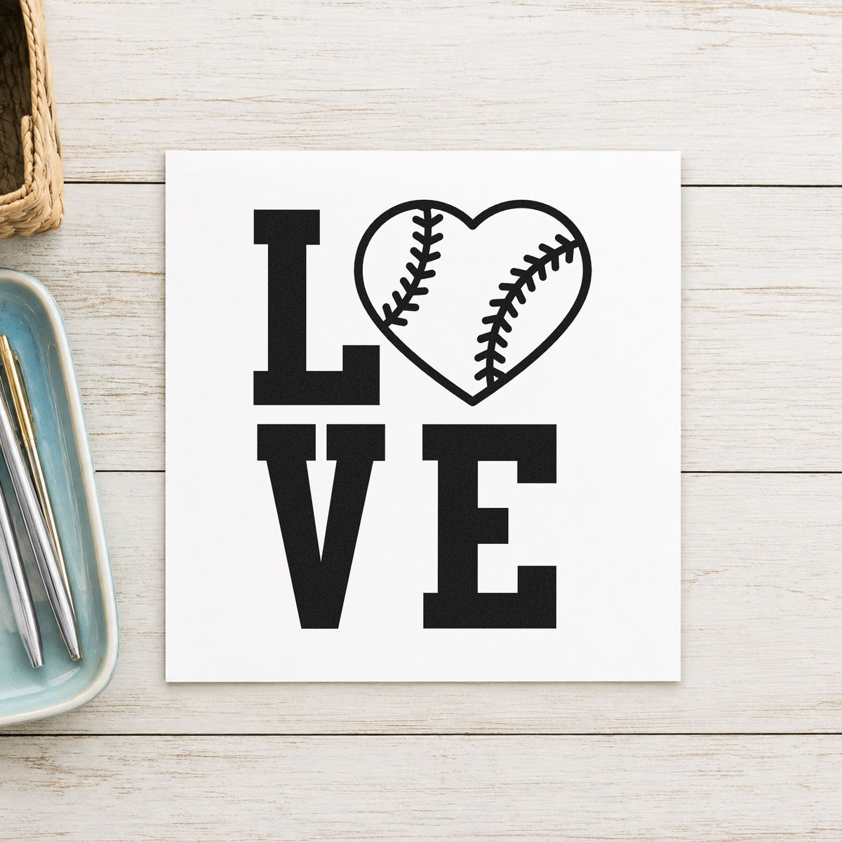 Baseball Heart Love craft stamp in black ink on cardstock, an easy option for anniversary cards.