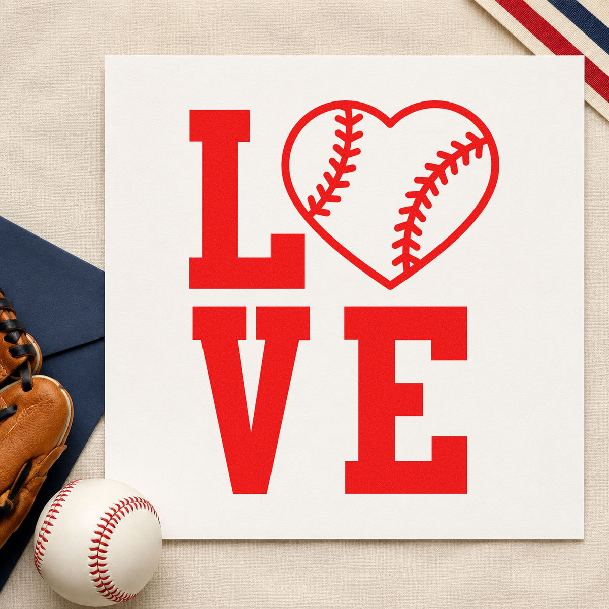 Baseball Heart Love rubber stamp shown in red ink, stamped for projects such as canvas wall art.