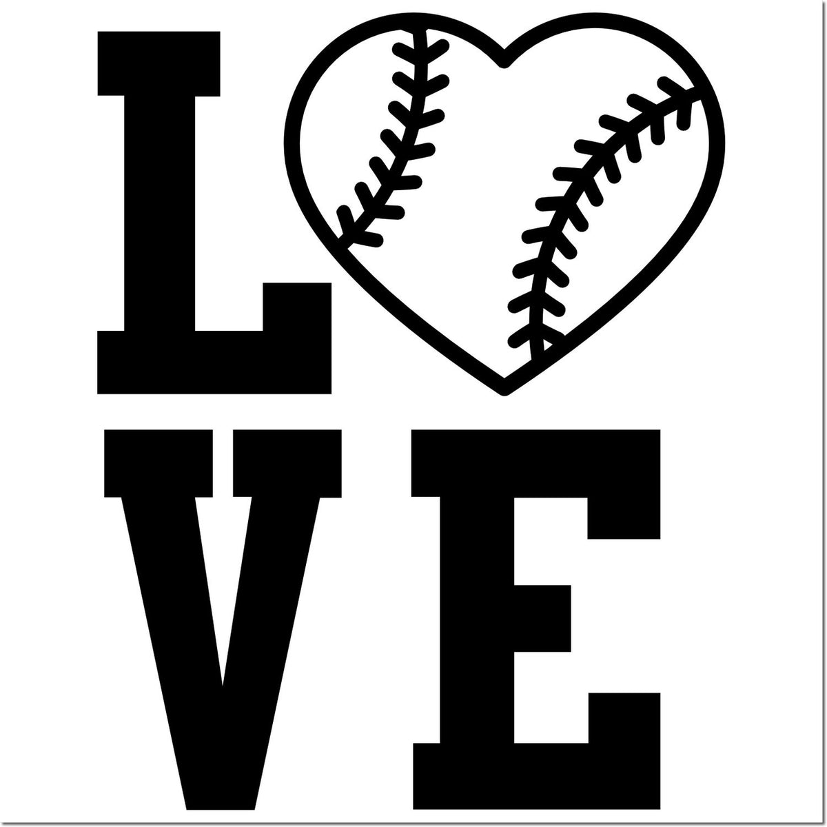 I Love Baseball rubber stamp design with heart-shaped baseball stitching and bold black letters for sports-themed crafts and cards