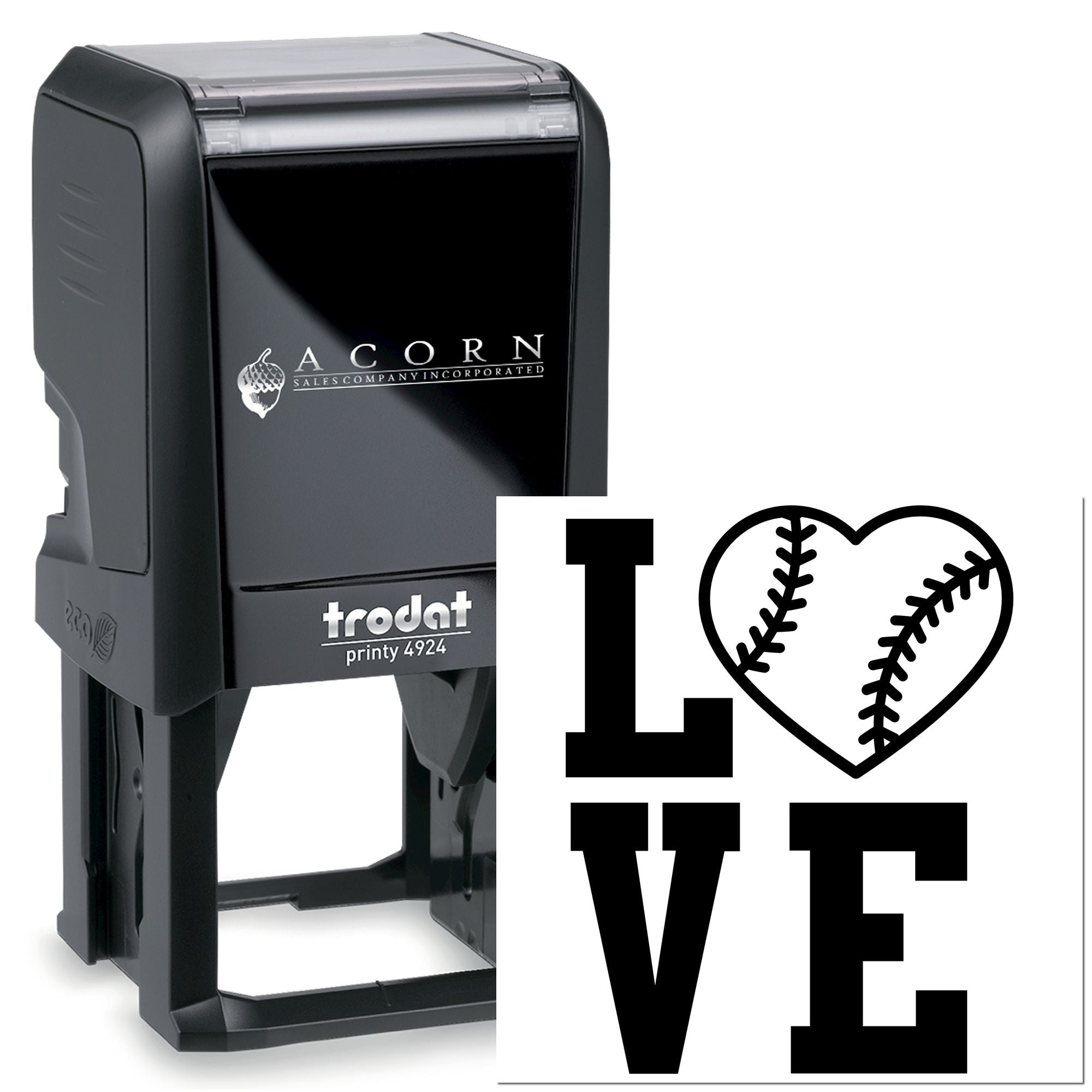 Trodat Printy 4924 self-inking rubber stamp with I love baseball heart design