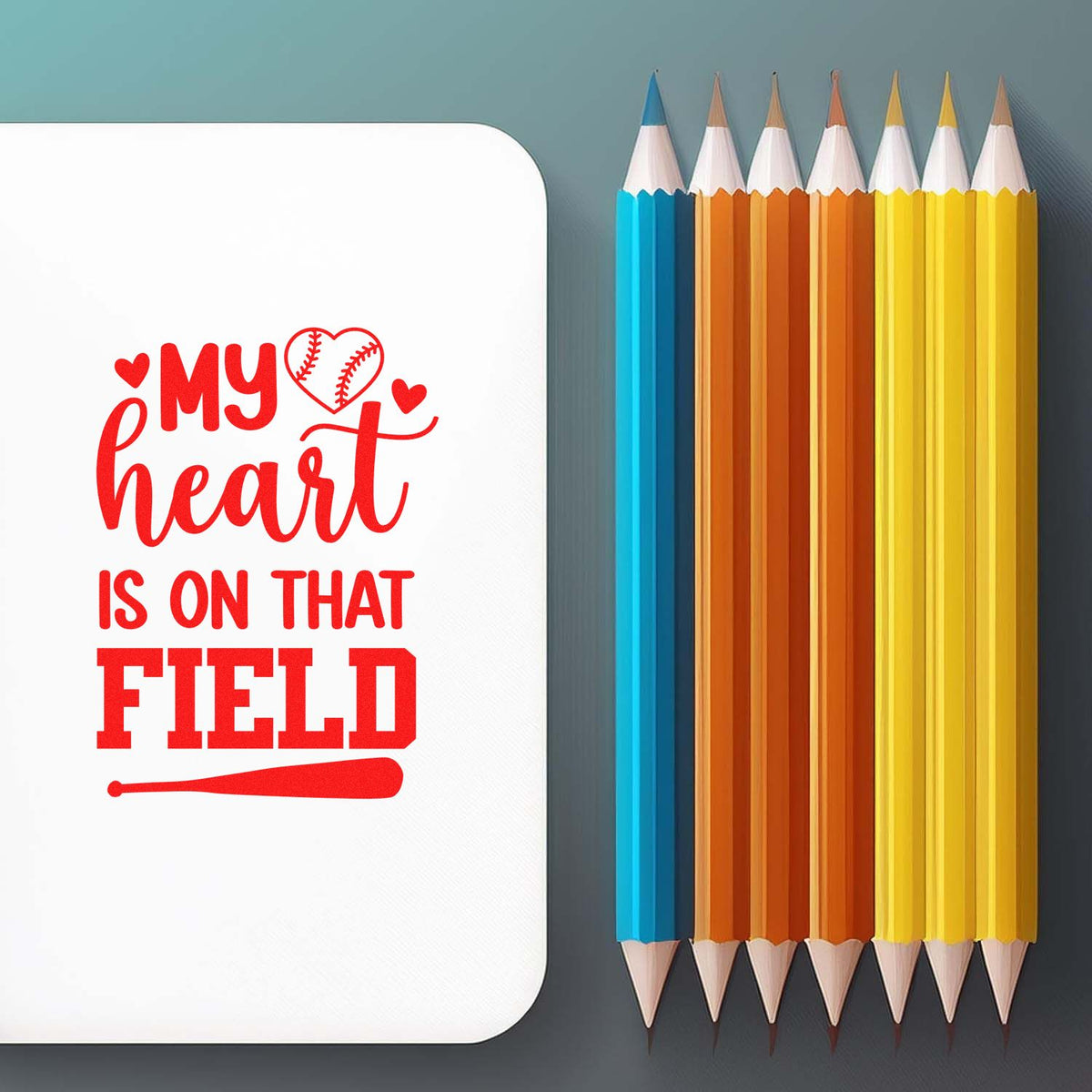 Baseball-themed custom rubber stamp with My heart is on that field quote for coaches, players, and fans.