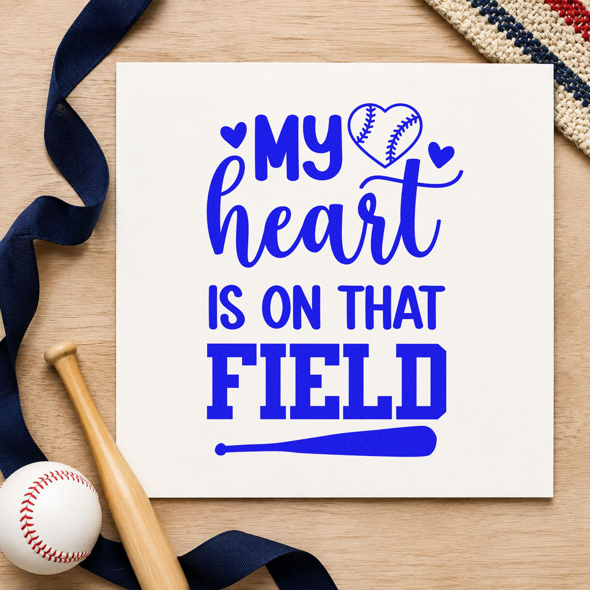 Heart on the Field Bat craft stamp in blue ink on cardstock, an easy option for grandparent gift cards.