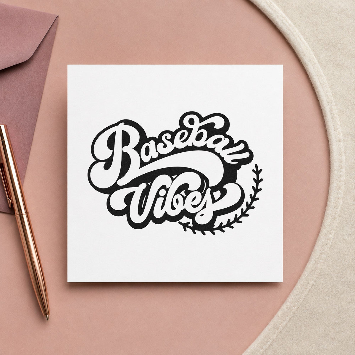 Baseball Vibes craft stamp in black ink on cardstock, an easy option for summer scrapbook pages.