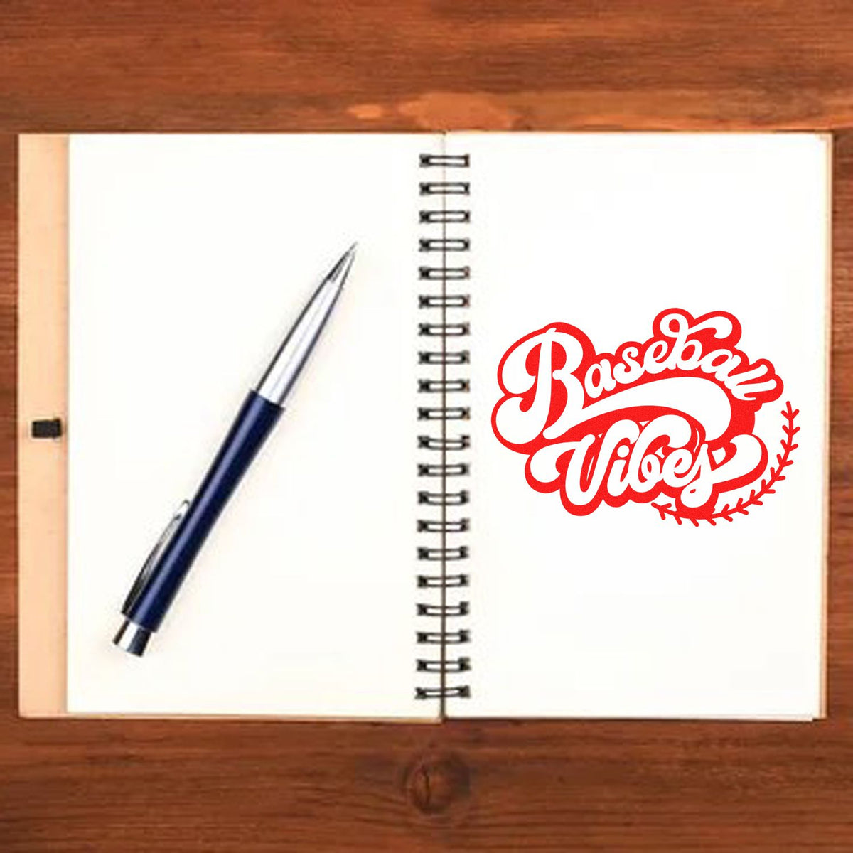 Baseball Vibes rubber stamp on an open notebook, ideal for sports journals, scrapbooking, and custom stationery.