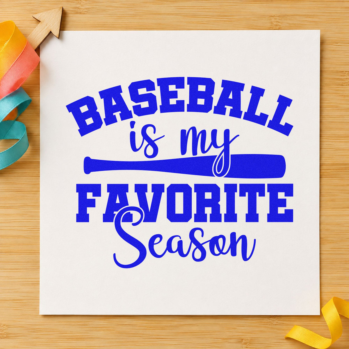 Favorite Baseball Season craft stamp imprinted in blue ink on paper, a design suited to new glove gift tags.