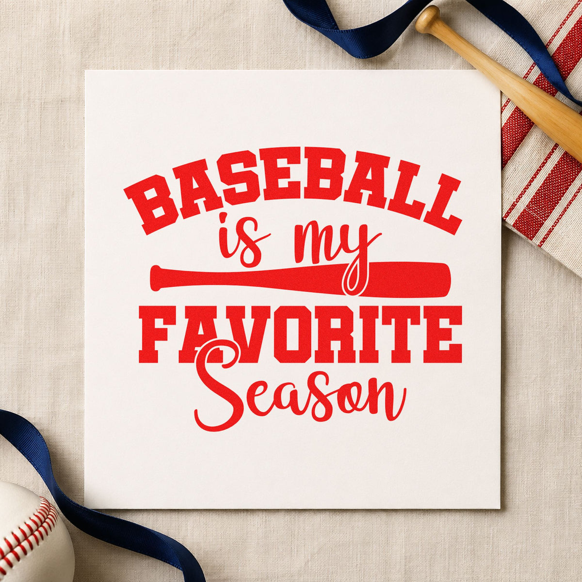 Favorite Baseball Season rubber stamp shown in red ink, stamped for projects such as classroom bulletin boards.
