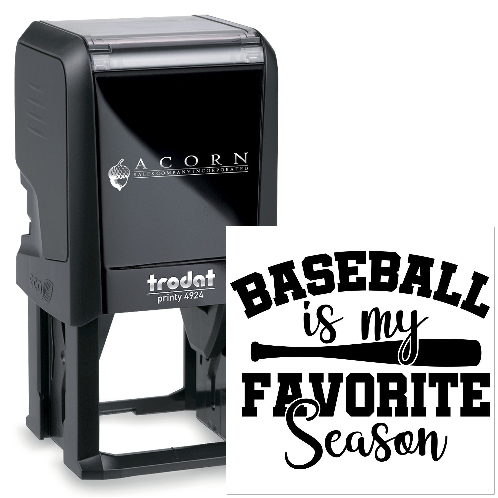 Baseball is My Favorite Season self-inking rubber stamp with custom text and bat design for sports-themed stamping.