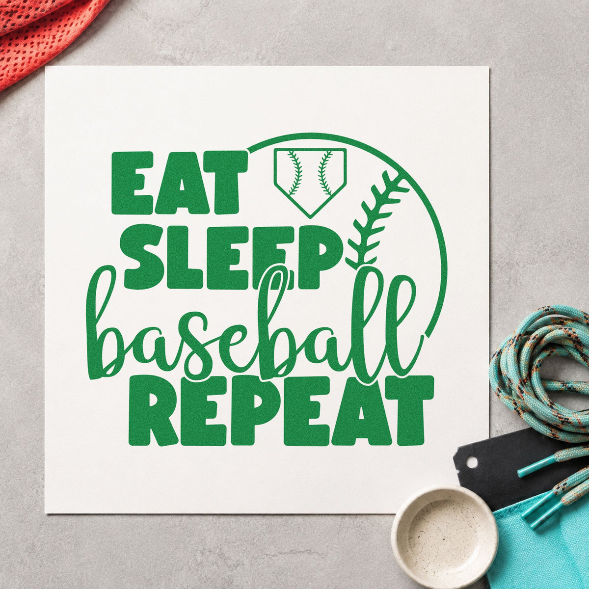 Eat Sleep Baseball Half Ball Home Plate Badge Rubber Stamp – Wood Handle in use 8