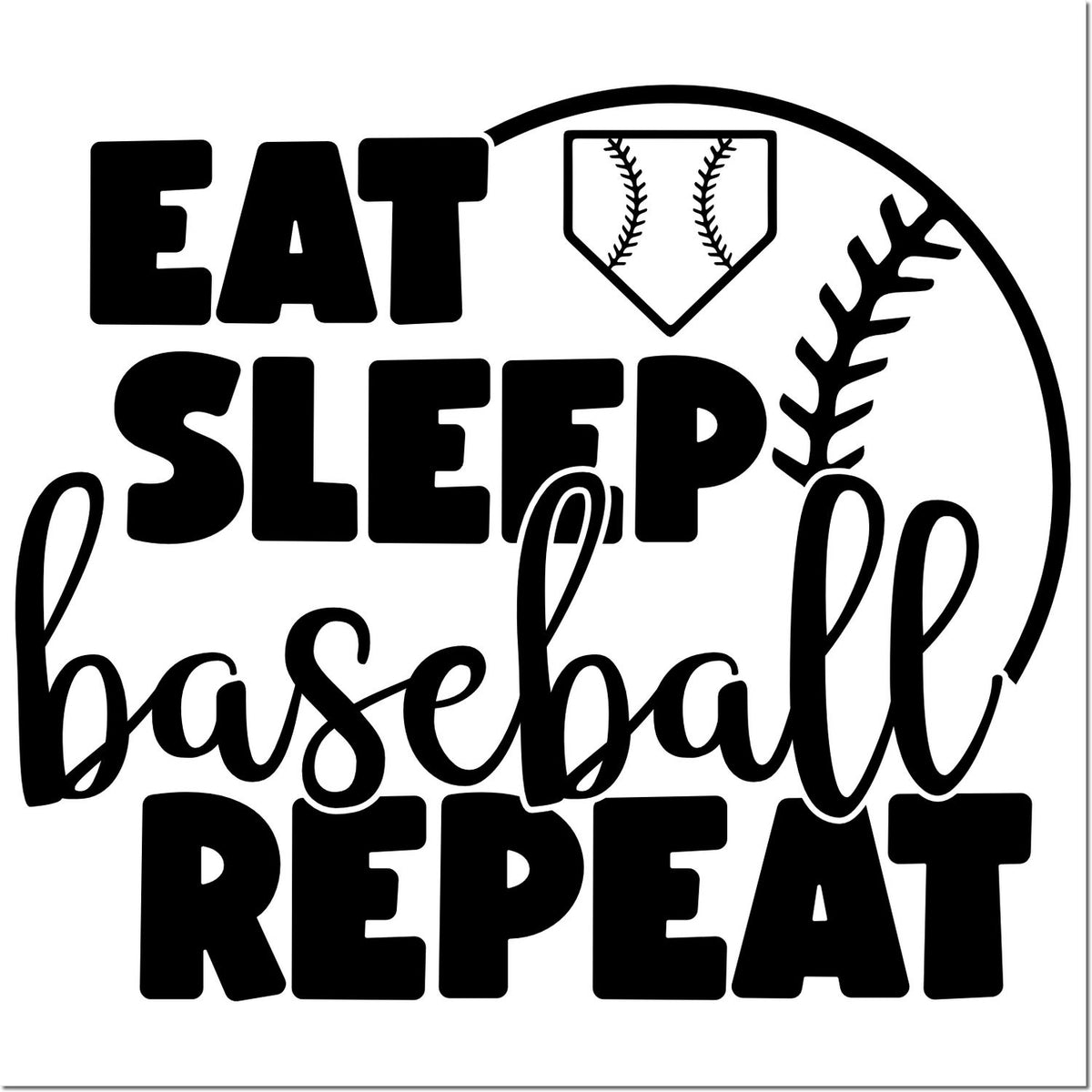 Eat Sleep Baseball Repeat rubber stamp design with baseball icon for sports fans, coaches, and team gear.