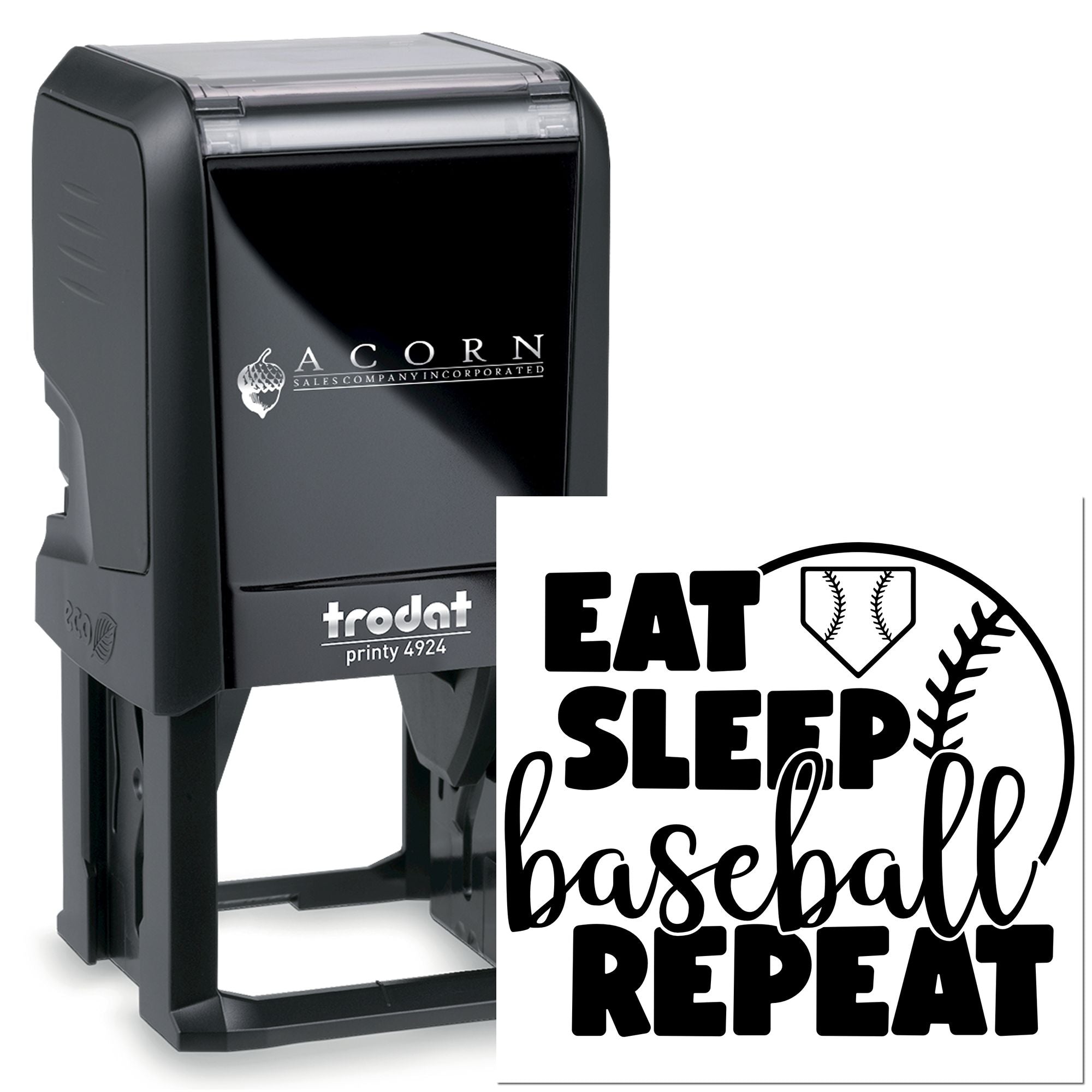 Custom self-inking rubber stamp for baseball fans with Eat Sleep Baseball Repeat design for apparel, crafts, and branding.