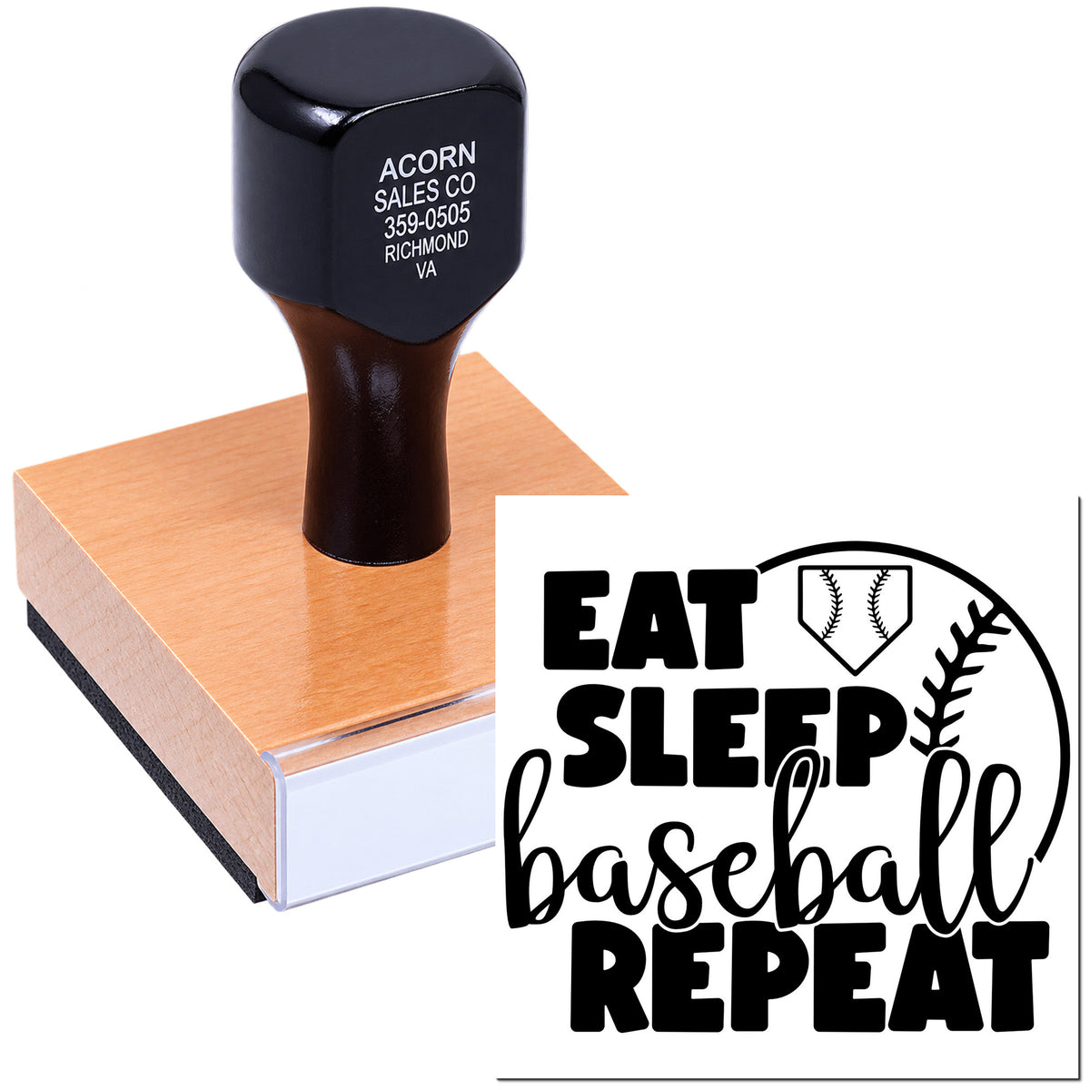 Custom baseball rubber stamp with Eat Sleep Baseball Repeat design for sports crafts, team gifts, and branding.