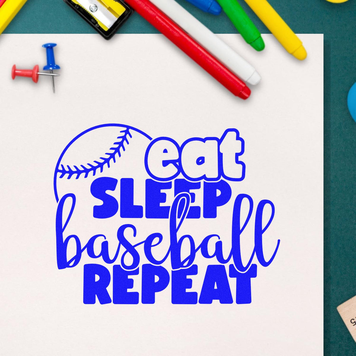 Baseball rubber stamp design with eat sleep baseball repeat text for sports-themed crafting and personalized projects.