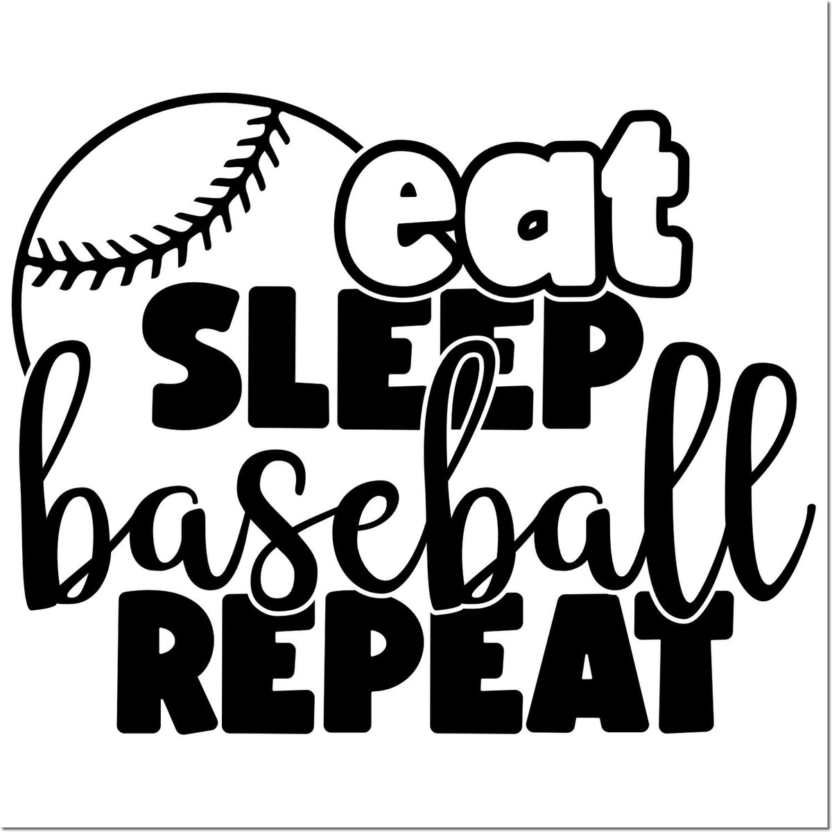 Eat Sleep Baseball Repeat rubber stamp design with baseball graphic for sports crafts, team gifts, and custom stamping.