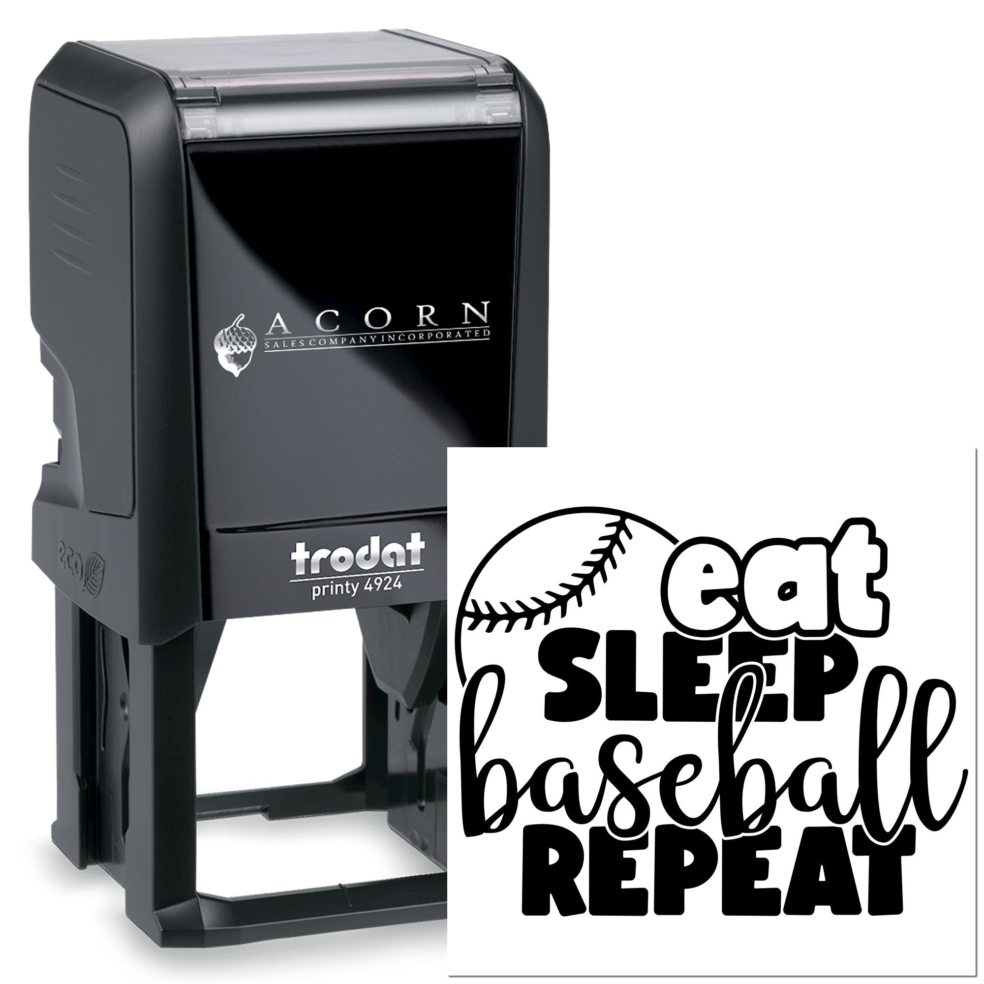 Trodat Printy 4924 self-inking rubber stamp with custom baseball eat sleep baseball repeat logo imprint.