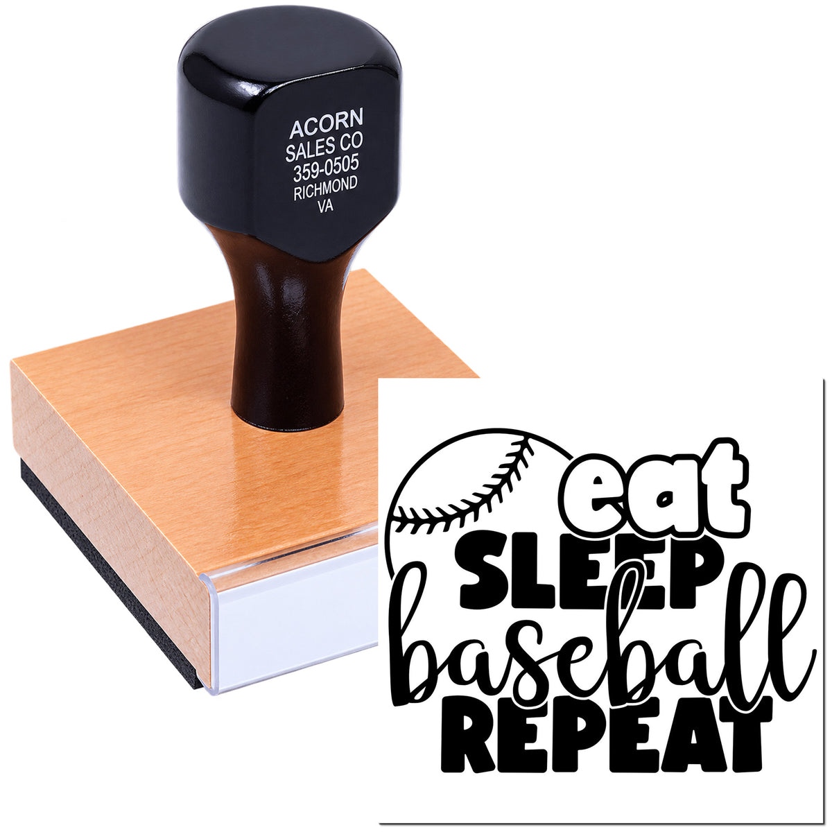 Custom baseball rubber stamp with Eat Sleep Baseball Repeat design for sports-themed crafts, branding, and team projects.