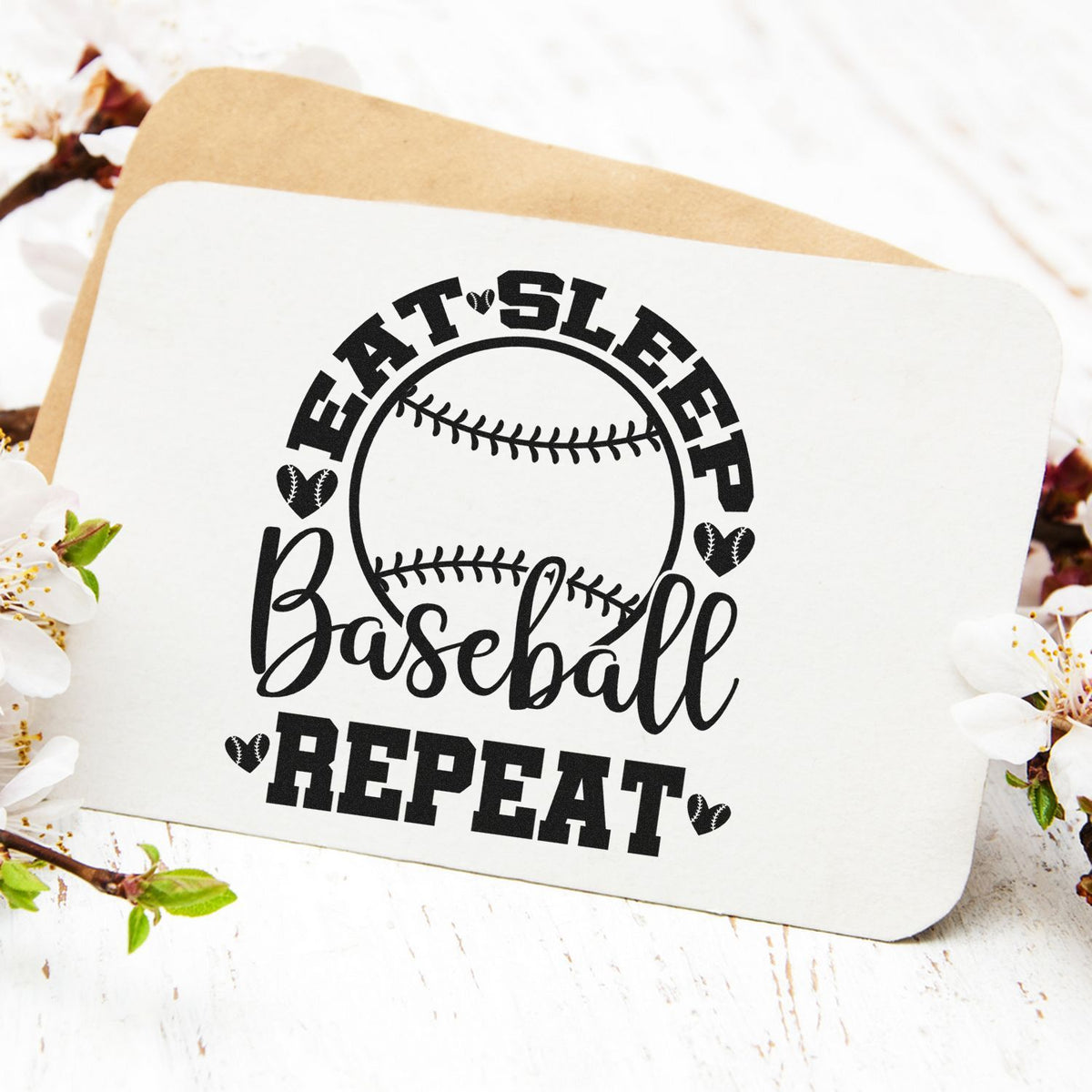Baseball rubber stamp design reading Eat Sleep Baseball Repeat for sports-themed crafts, cards, and gifts.