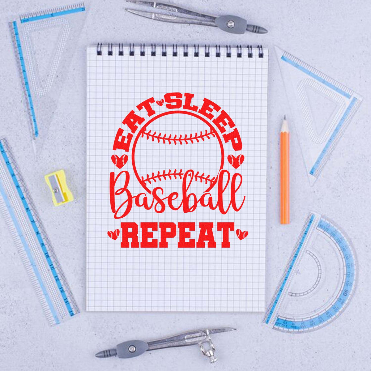Eat Sleep Baseball Repeat rubber stamp design in red on notebook paper, perfect for baseball-themed crafts and custom stamps.