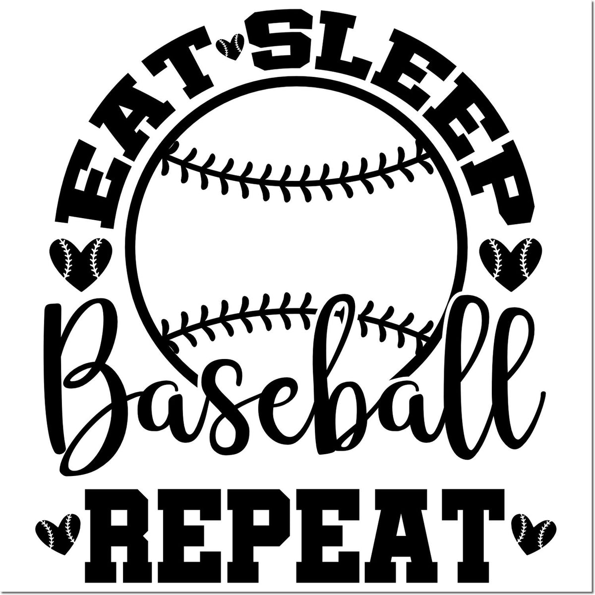 Eat Sleep Baseball Repeat rubber stamp design with baseball graphic and heart accents for sports fans.