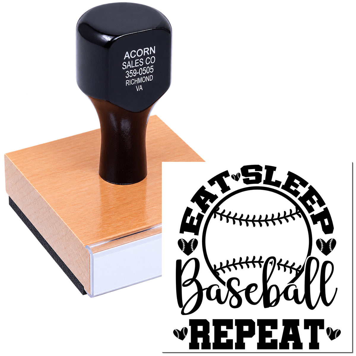 Custom self-inking rubber stamp with Eat Sleep Baseball Repeat design for personalized baseball team gifts and crafts.