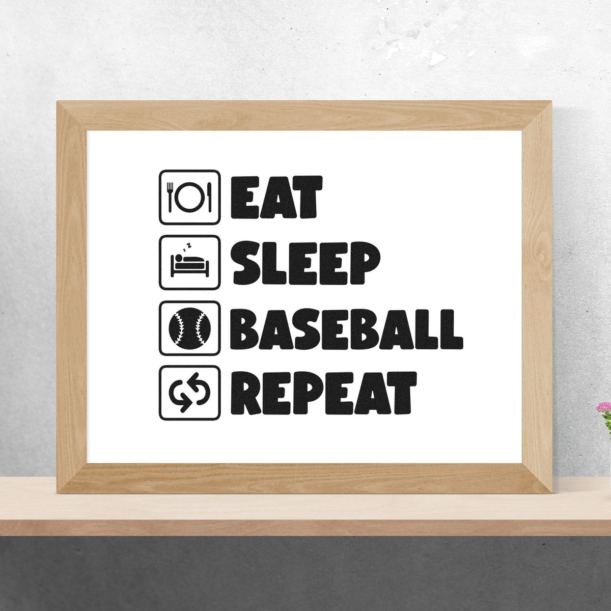 Eat Sleep Baseball Repeat rubber stamp design with bold sports icons for baseball crafts, decor, and DIY projects.