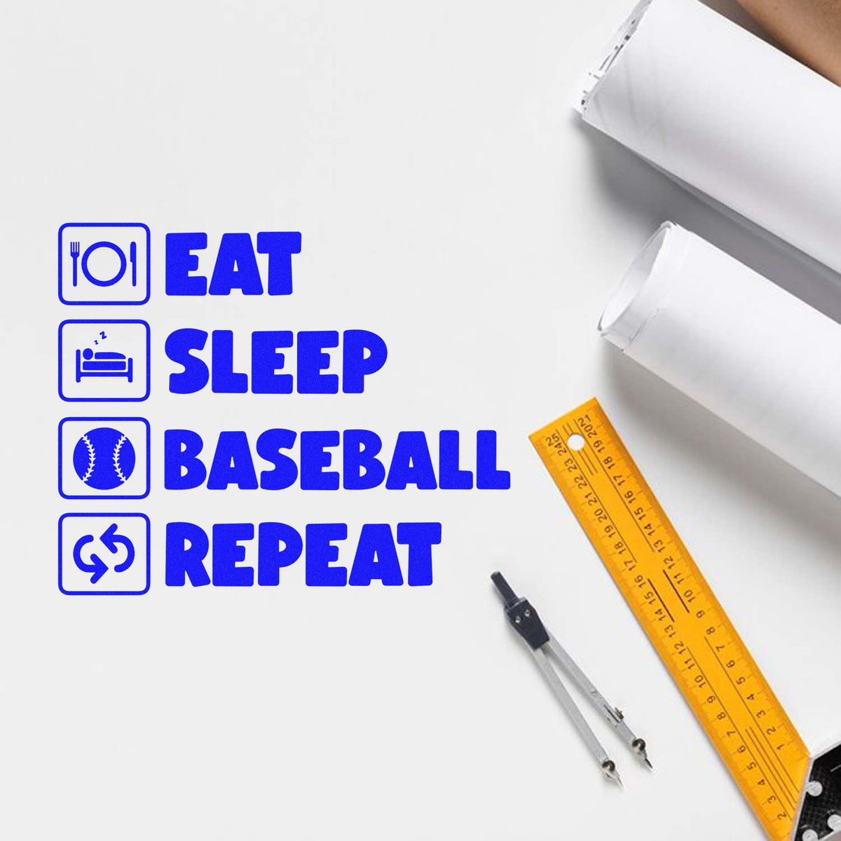Custom rubber stamps with blue Eat Sleep Baseball Repeat icons, including food, sleep, baseball and repeat design.