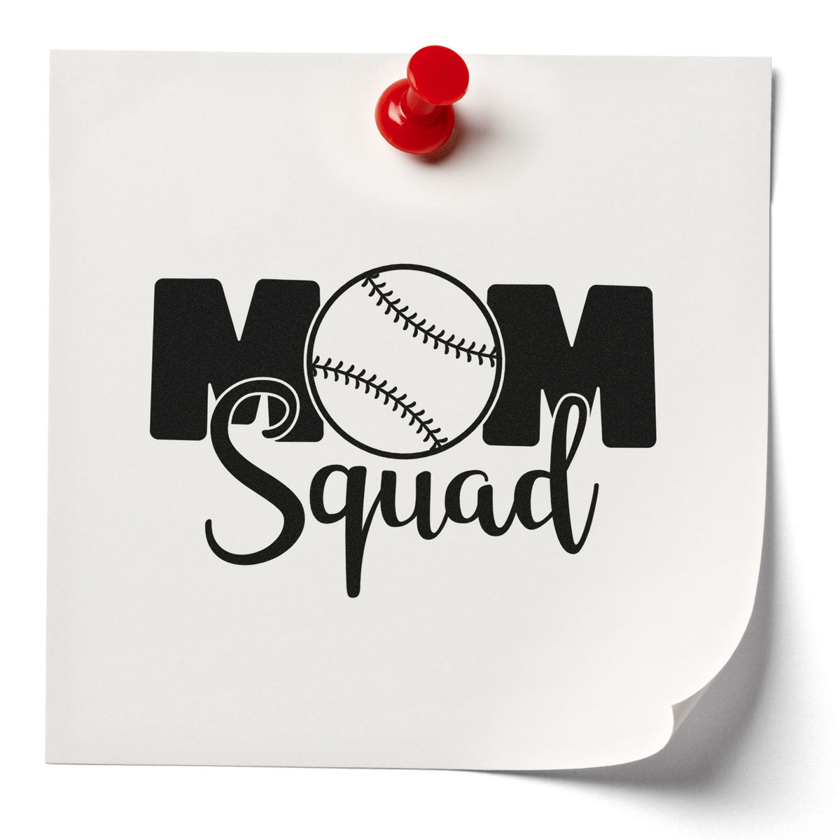 Baseball Mom Squad rubber stamp design mockup pinned on paper, ideal for sports mom crafts and team spirit projects
