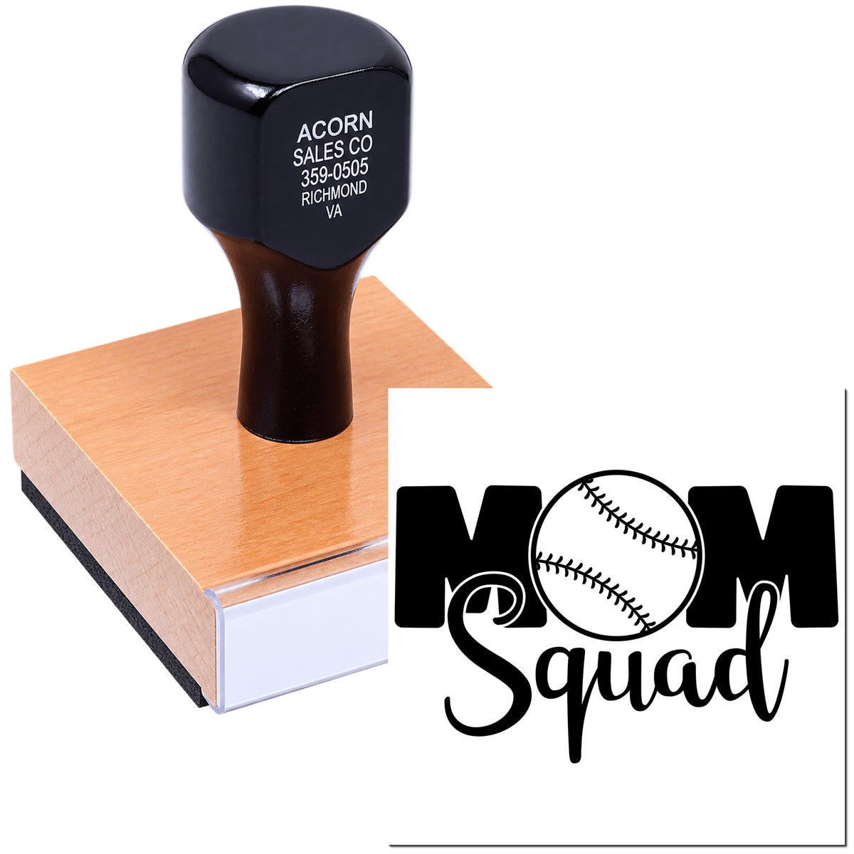 Custom baseball mom squad rubber stamp on wood mount for team crafts, gifts, and branded packaging