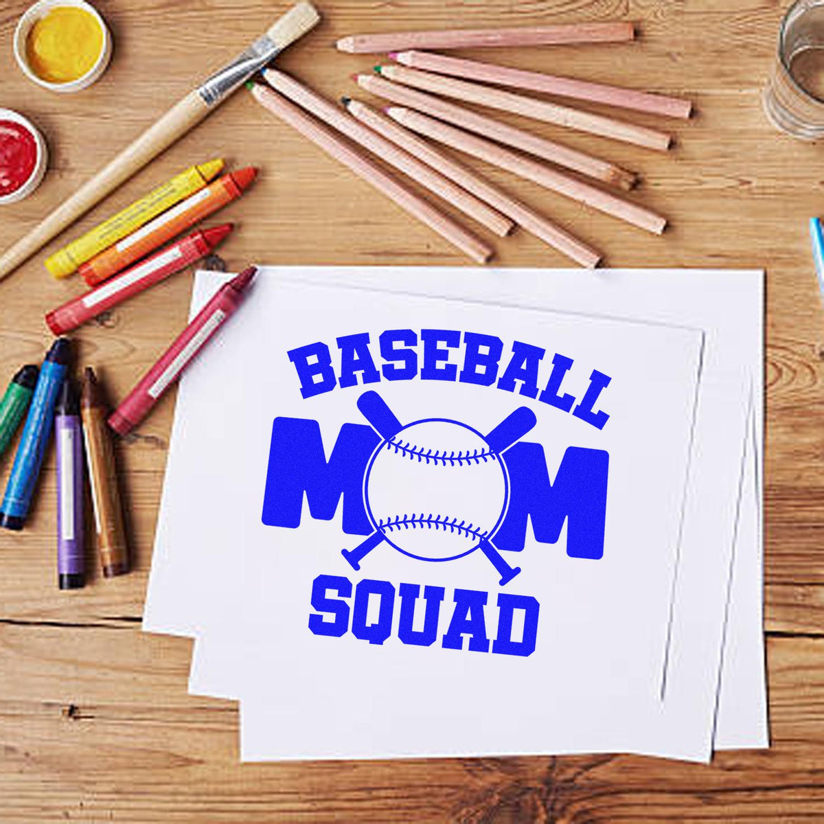 Baseball Mom Squad rubber stamp design for custom sports crafts, scrapbooking, and team supporter projects.